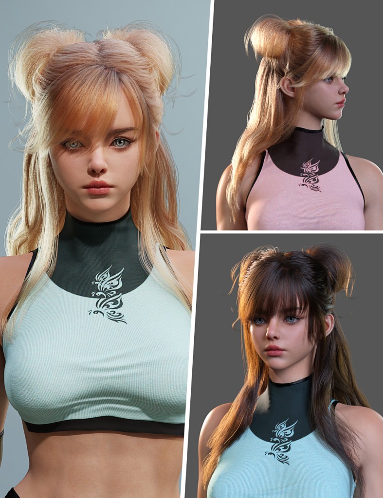 dForce Double Bun Cape Hair for Genesis 9