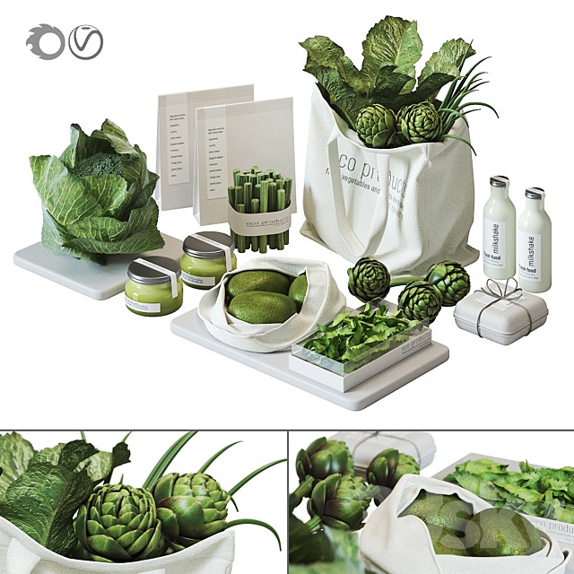 Set of vegetables for the kitchen: cabbage, artichoke, avocado