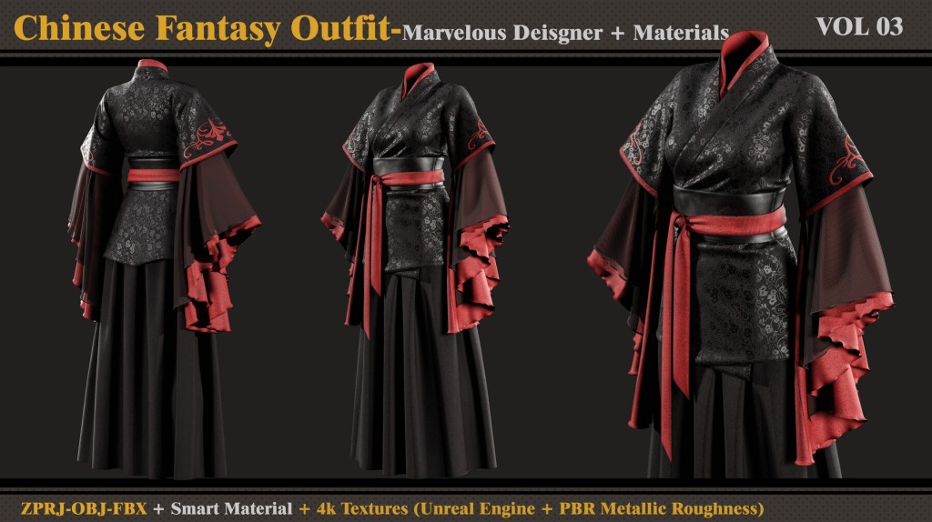 Chinese Fantasy Outfit-FEMALE-MD/Clo3d+Smart Material+4K Textures+OBJ+FBX Marvelous Designer