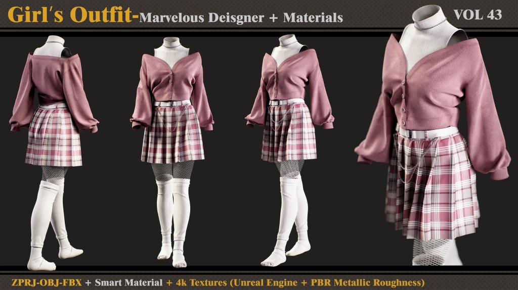 Girl's Outfit- MD/Clo3d + Smart Material + 4K Textures + OBJ + FBX (vol 43)  Marvelous Designer