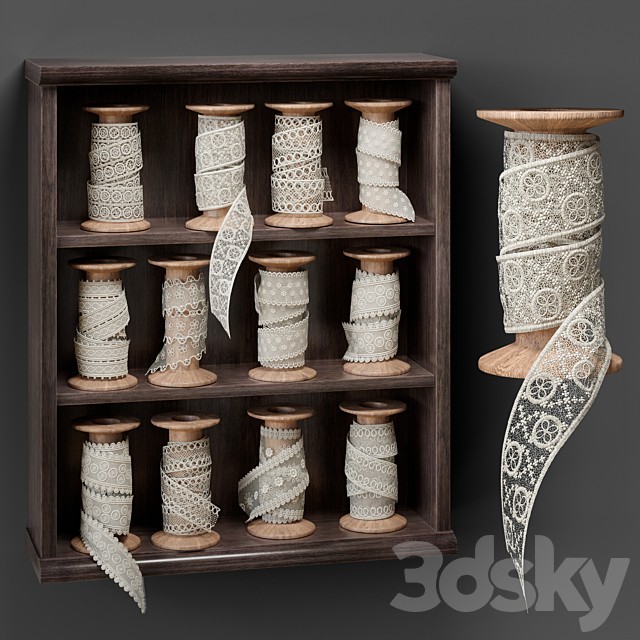 Shelf with spools of lace