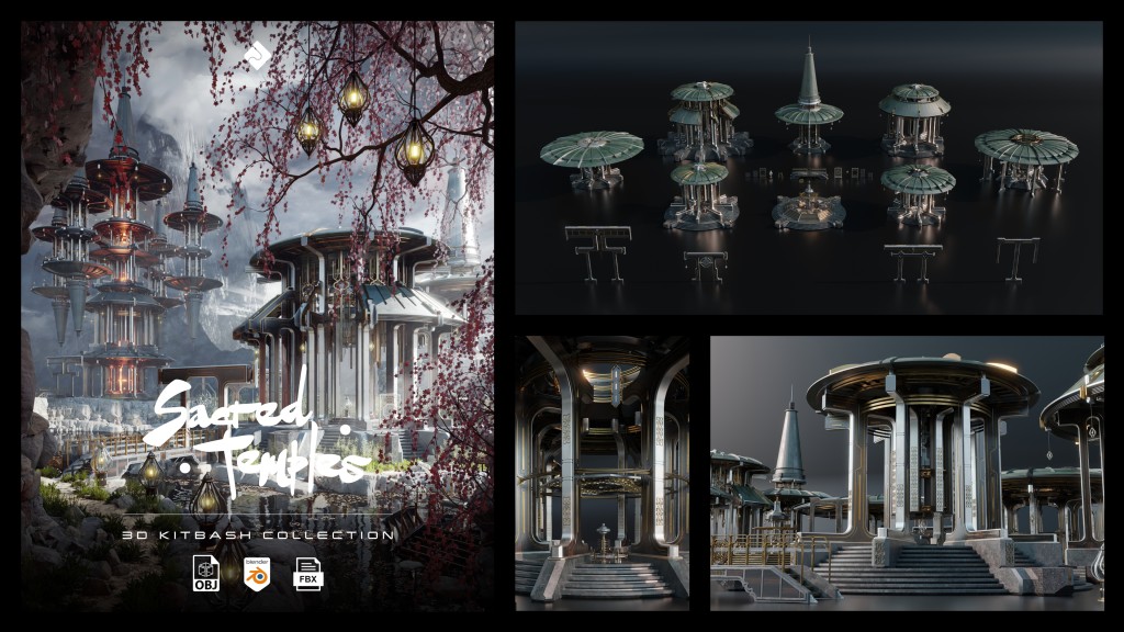 Sacred Temples – Asian Styled Buildings & Environment Assets 3D Kitbash Pack