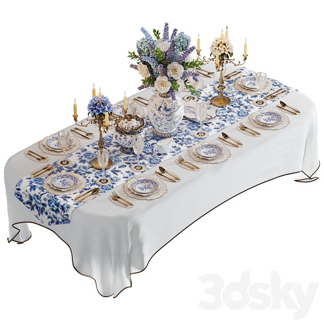 Luxury Blue & White Dining Table Set with Floral Centerpiece
