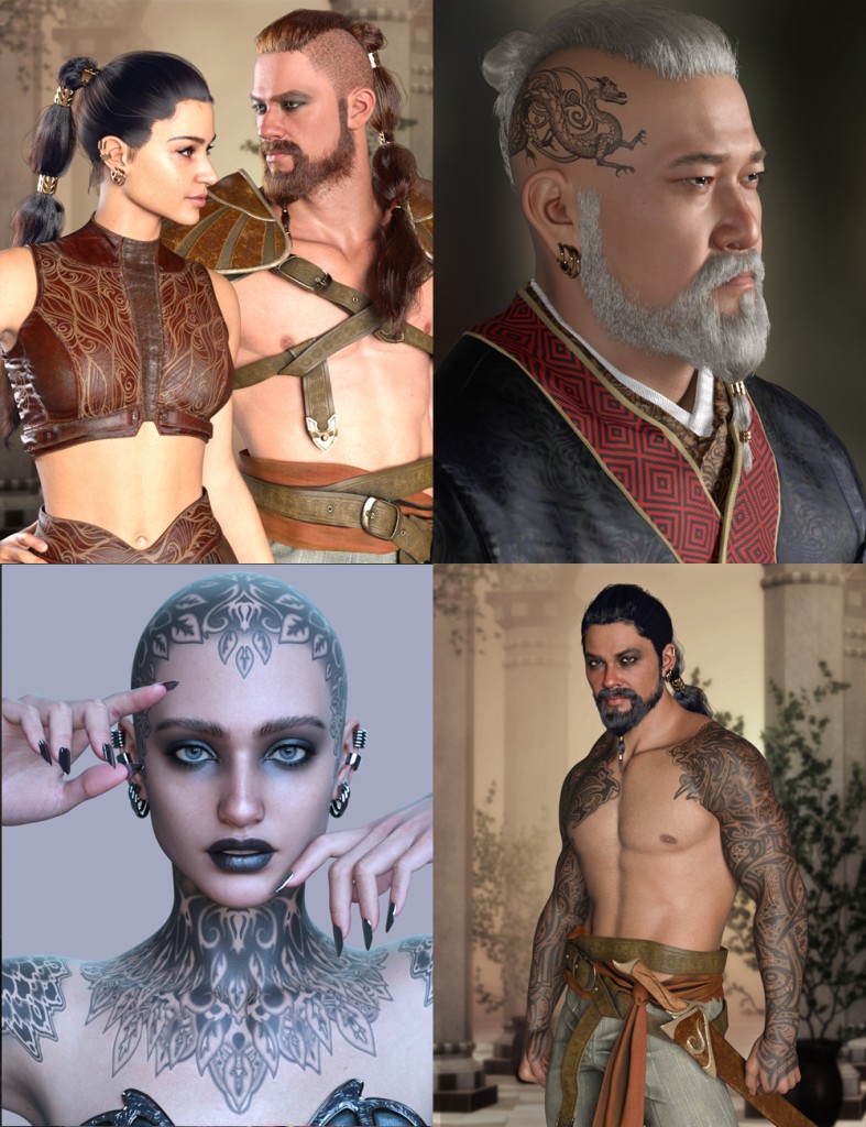 MRL Combinations : Warrior Braid, Beard and Tattoos Bundle For Genesis 9