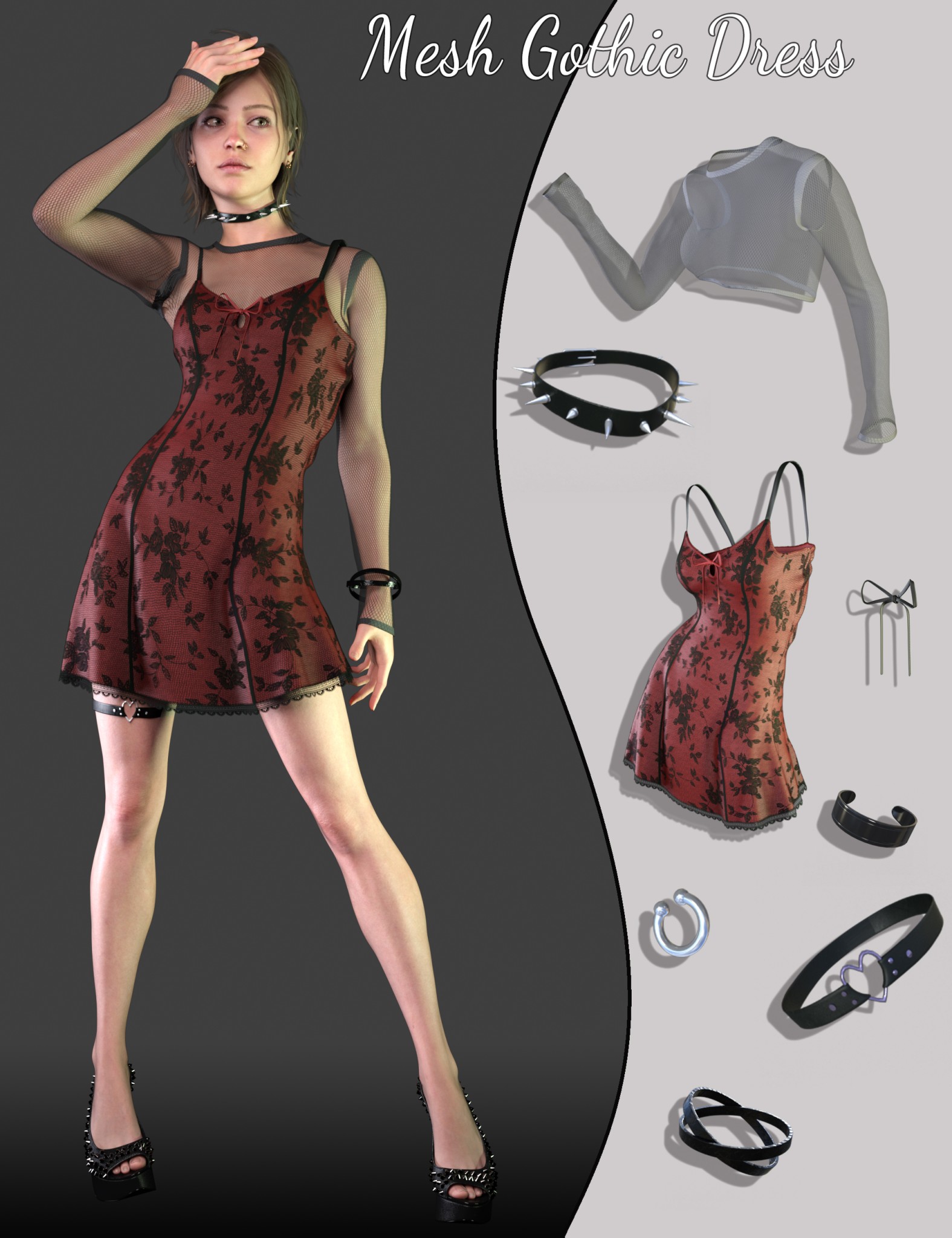 dForce X-Bit Mesh Gothic Dress Set for Genesis 9,8 and 8.1