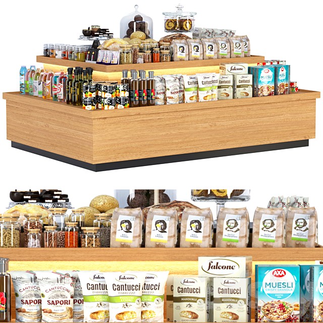Display stand in a supermarket with products. Juices and cereals