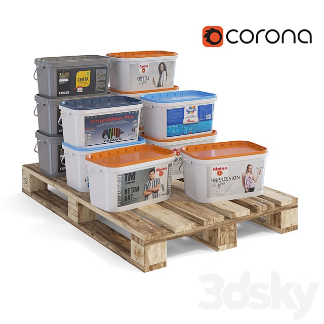 Cans of paint on a pallet