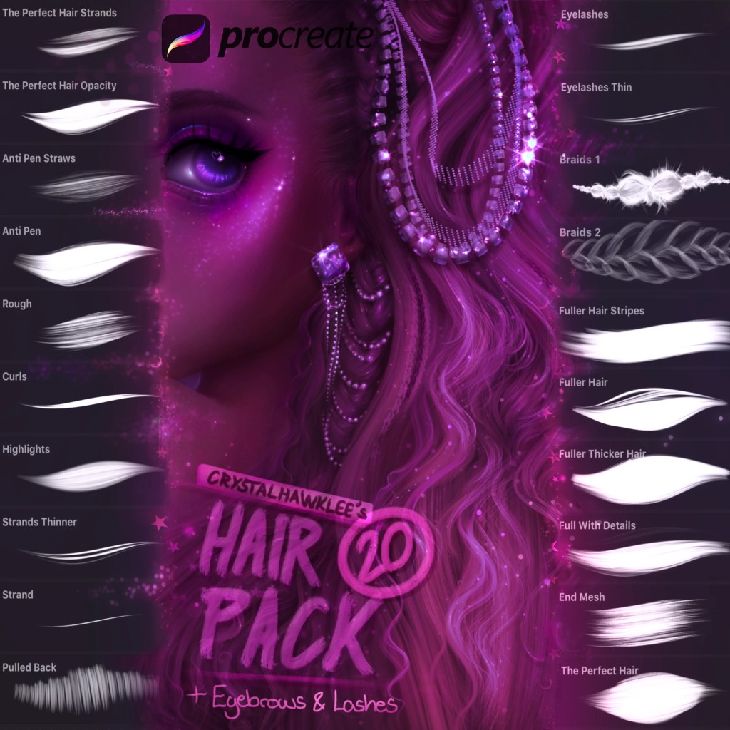 20 Hair&Eyelashes Brushset for Procreate app + Hair Tutorial