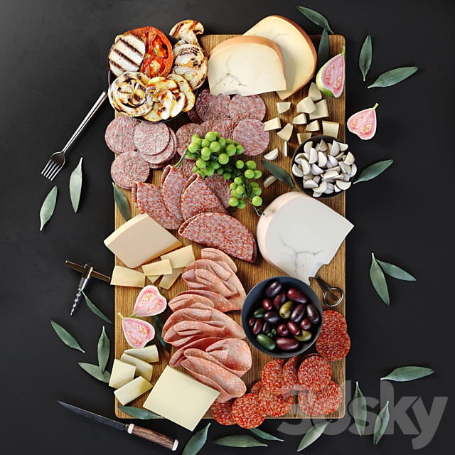 Meat plate with sausages, cheese and grilled vegetables