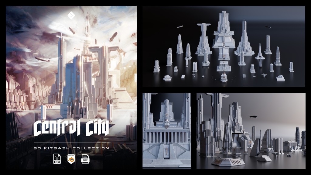 Central City – Detailed Imperial Brutalist City Buildings & Environment Assets 3D Kitbash Pack