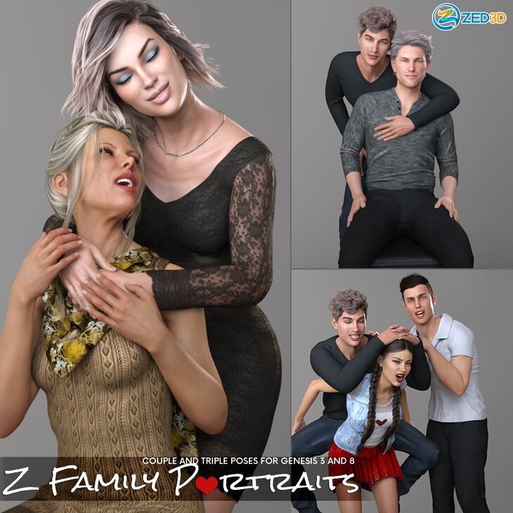 Z Family Portaits - Couple and Triple Poses for Genesis 3 and 8 Male and Female