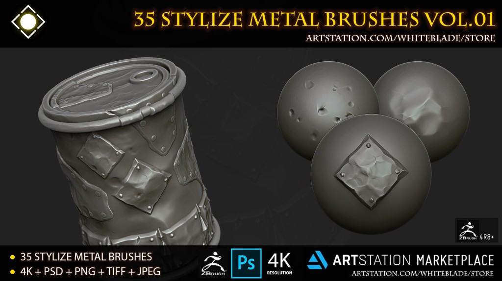 35 Stylize Metal Brushes and 4K Alphas Vol.01