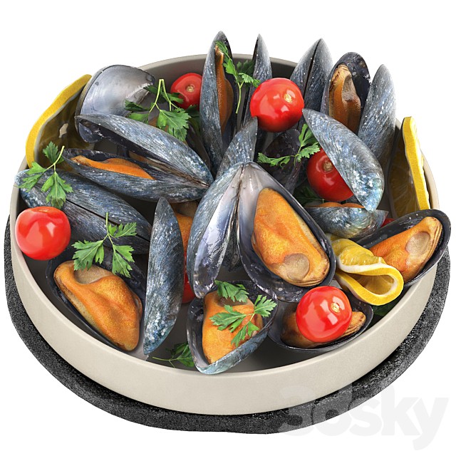 plate of mussels with lemon and tomatoes