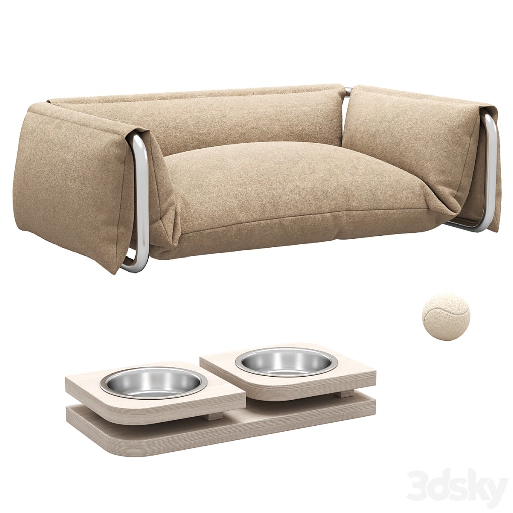 Dog bed and bowls
