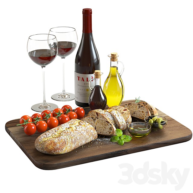 Food Set 02 / Bread, Tomatoes, Olives and Wine