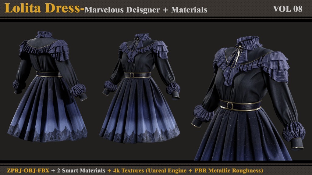 Lolita Dress -MD/Clo3d + Smart Material + 4K Textures + OBJ + FBX Marvelous Designer