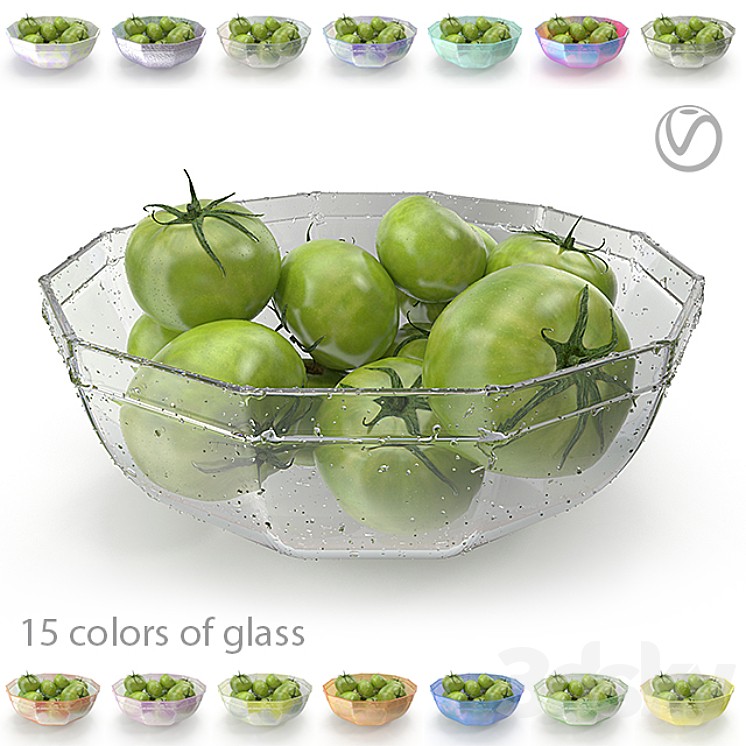 Green tomatoes in a coal, glass plate (15 colors of glass, with drops of water and without)