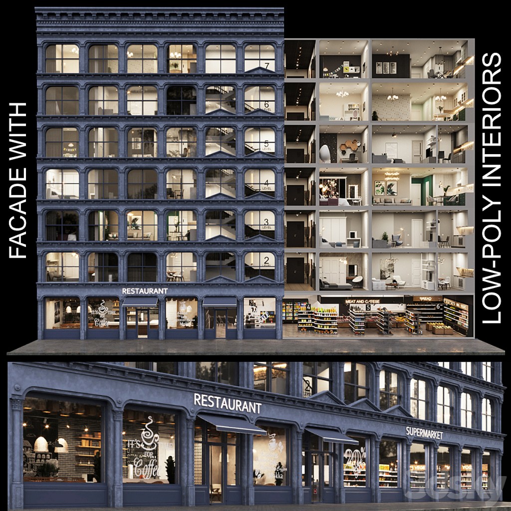 Facade with 20 residential and public low-poly interiors