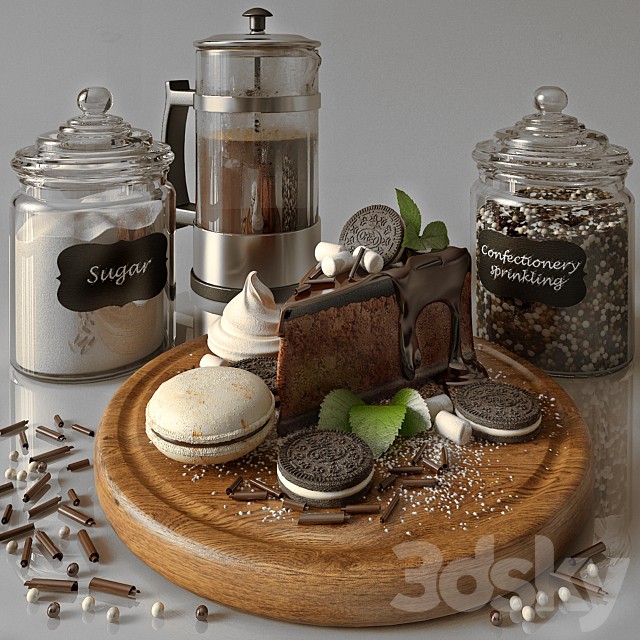 Kitchen decor set with cofee and cheesecake