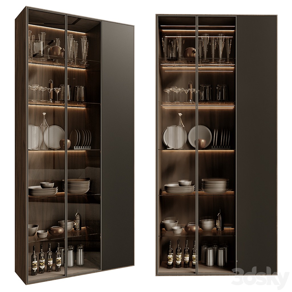 Glass cabinet filled with plates glasses and wine bottles 03