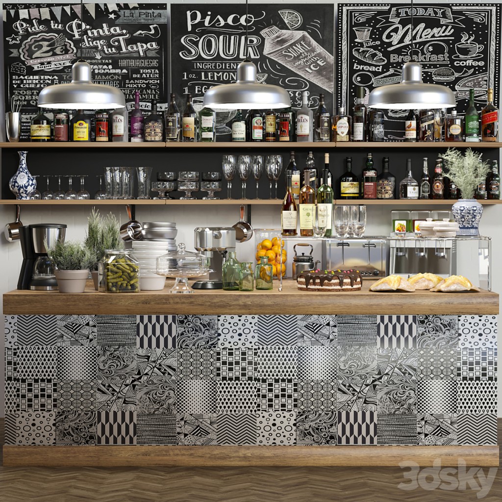 Bar counter with alcohol, service and desserts 10