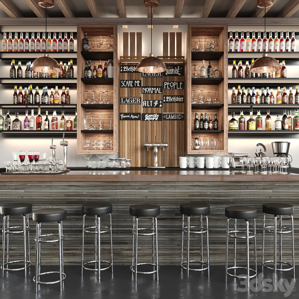 A large bar with alcohol and cocktails in ethnic style. Bar