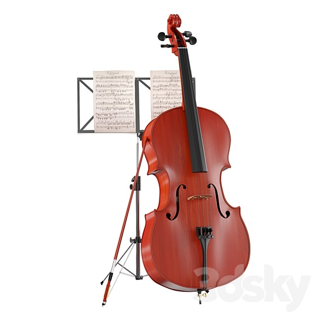 Wood Instrument Cello with stand and music sheet