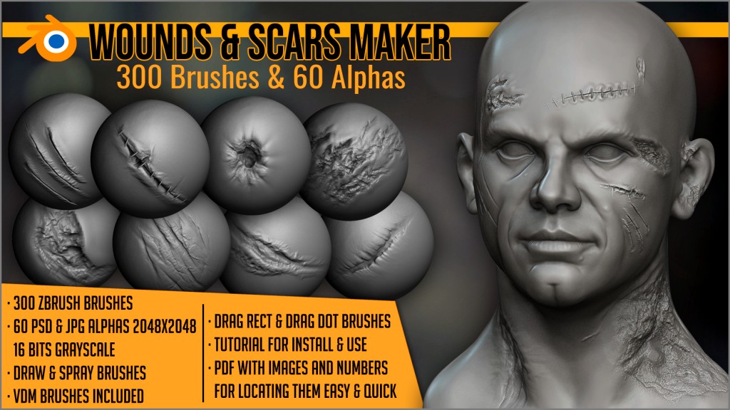 Wounds And Scars For Blender 300 Brushes And 60 Alphas