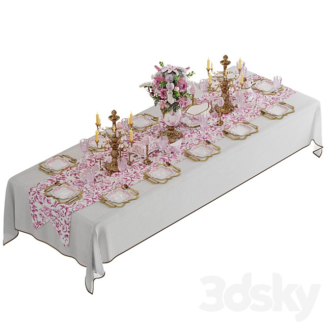 Luxury Pink & Gold Dining Table Decor Wedding Banquet 3D Model