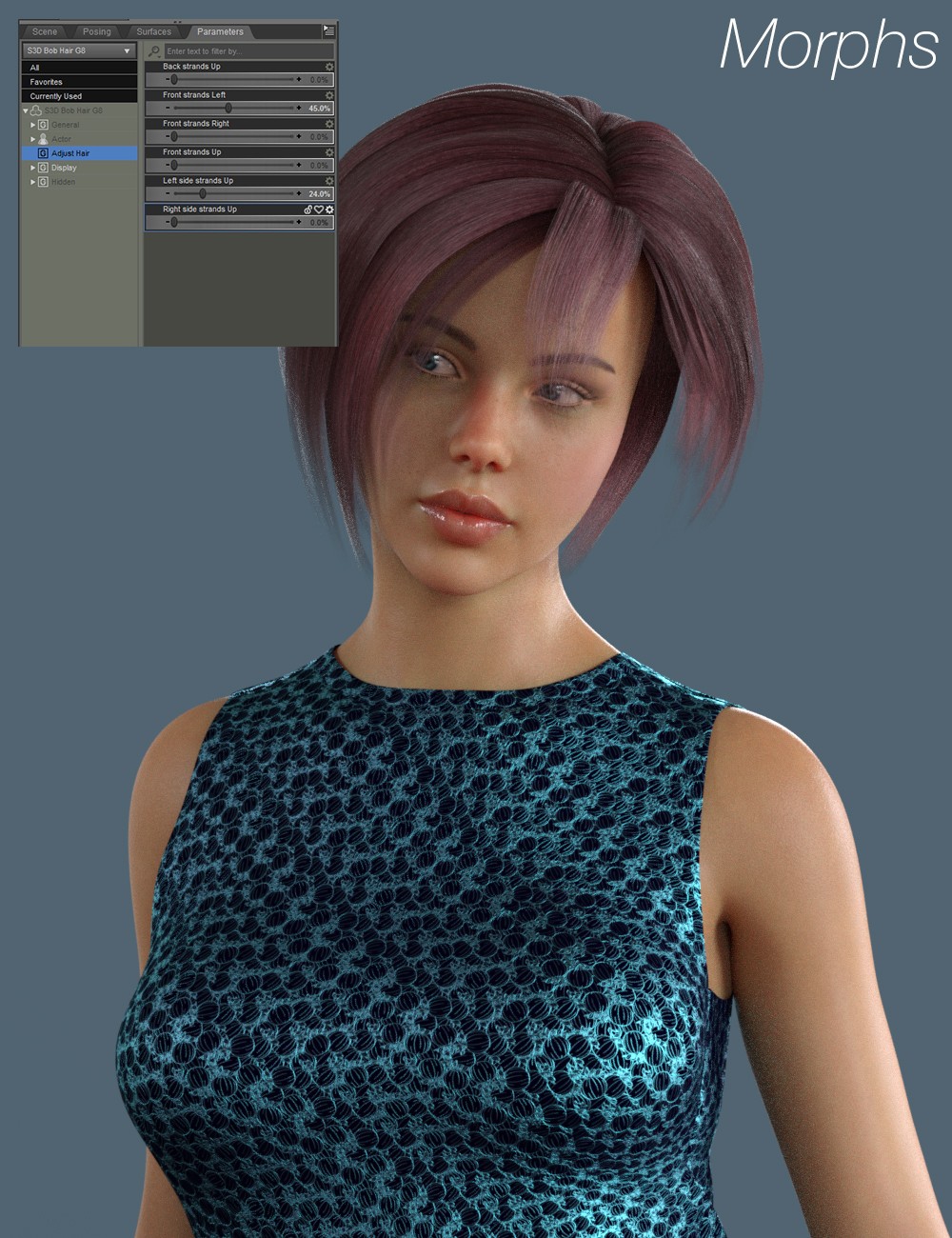 Slide3D Bob Hair for G3F and G8F 3D Figure Assets Slide3D
