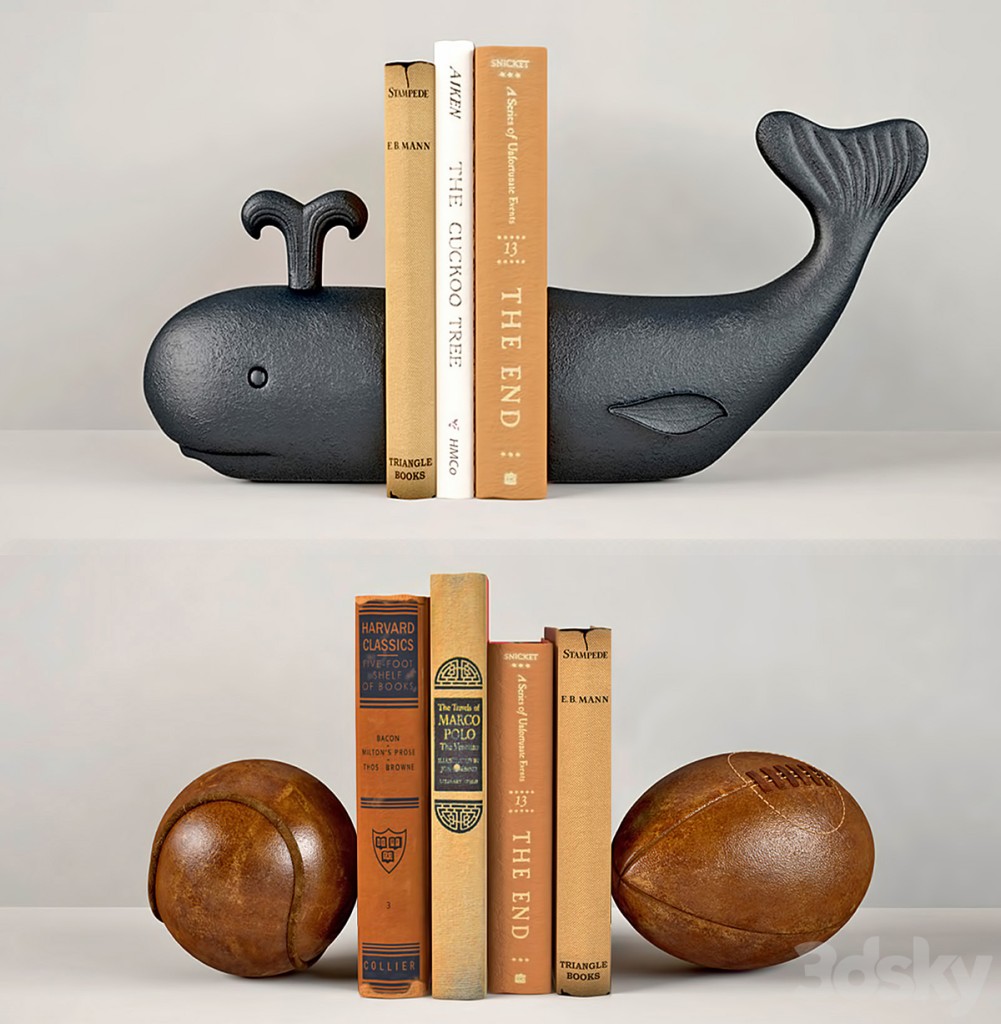 Whale and Vintage leather sports ball bookends RH
