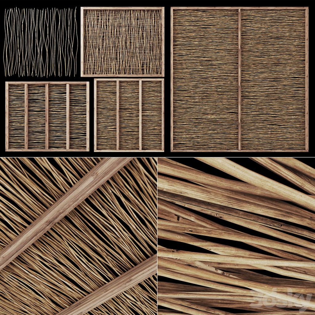 Ceiling wood thin branch beam n1 / Wooden ceiling made of thin branches on beams
