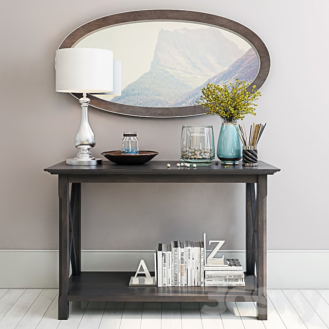 Console with mirror and lamp.