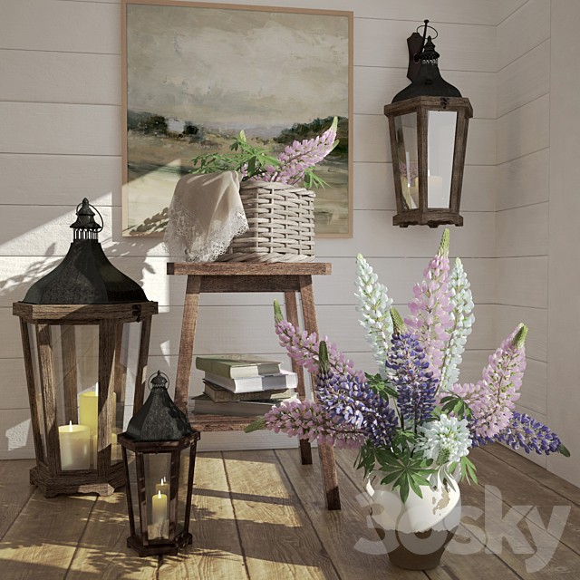 Decorative set of objects with a bouquet of lupine