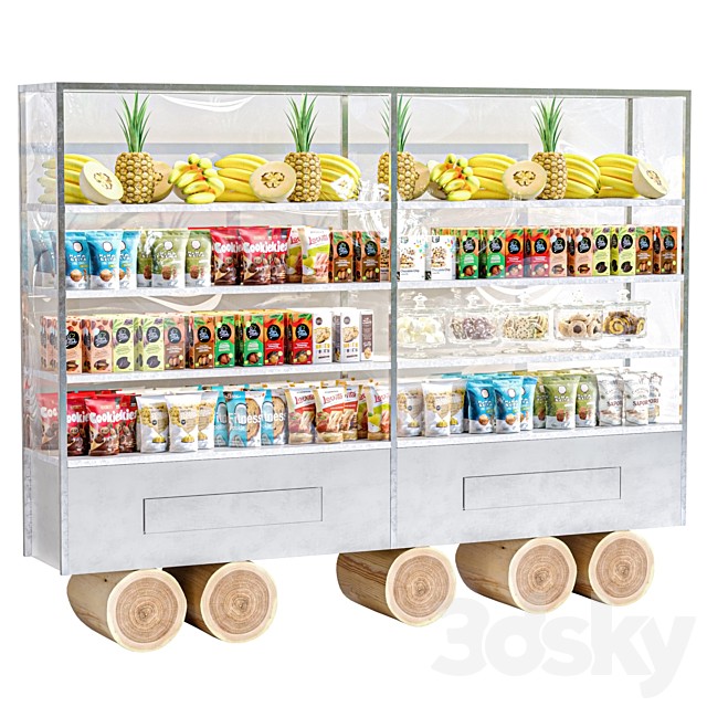 Showcase in a supermarket with food and drinks