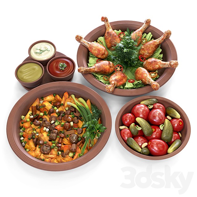 Food set, chicken legs, potatoes with mushrooms, pickles