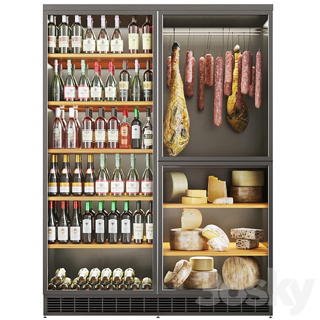 Refrigerator with sausages and jamon in the store