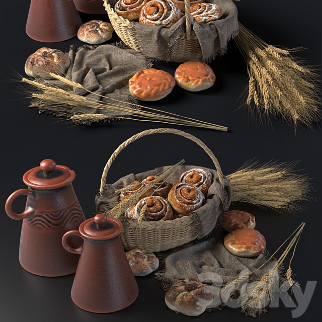 Composition with buns in a wicker basket